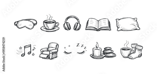 Collection of hand-drawn icons representing relaxation and self-care activities