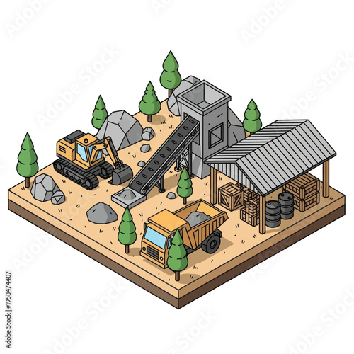3D Illustration of Mining Site with Equipment.