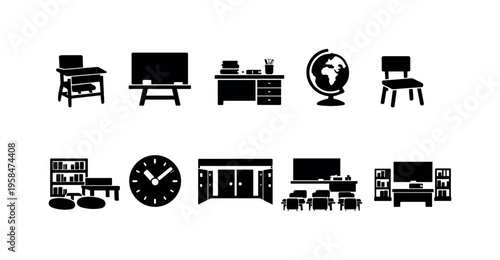 Collection of school and classroom icons representing learning and education elements