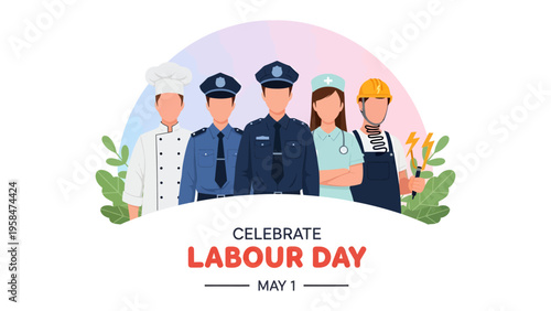 Labour Day Celebration: A diverse group of essential workers stand united in a stylized image, embodying the spirit of Labour Day, highlighting their vital contributions to the community.