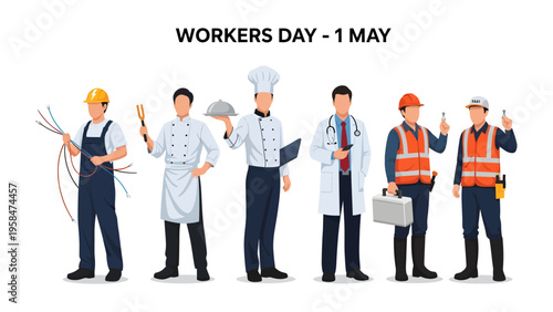 Celebrating Labor: A diverse representation of essential workers is depicted, showcasing the hard work and dedication of everyday professionals.