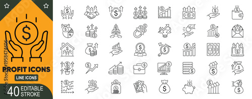 Profit growth line icons set editable stroke vector for financial success revenue increase and business investment illustration.