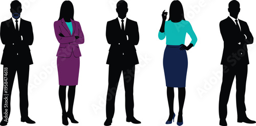 Business people silhouettes set, professional men and women standing, corporate team shadow figures, office staff concept, leadership and teamwork illustration