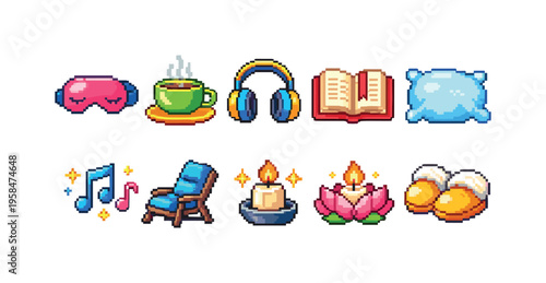 Cozy relaxation icons in pixel art style for a peaceful atmosphere