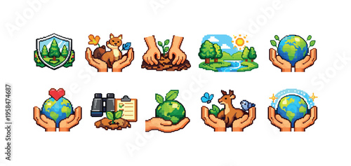 Pixel art icons representing environmental conservation and nature care