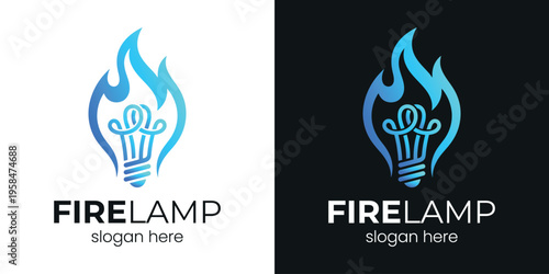 Fire Lamp Logo Design with Flame and Light Bulb for Branding.