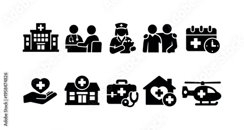 Collection of medical and healthcare icons representing services and care
