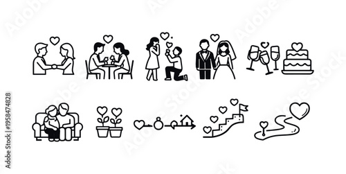Collection of simple icons depicting relationship milestones and love