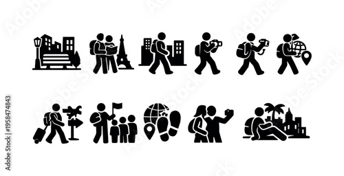 Travel and tourism icons depicting various outdoor activities and exploration