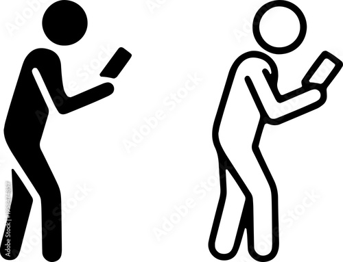 Stick Man Using Phone While Walking Icon Set Line and Filled Style Mobile Pictogram Human Vector Illustration