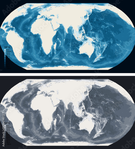 World Indian Ocean Bathymetric Ocean Depth Map - Equal Earth Projection - Scalable Multi-Color Seafloor Relief Topography with Depth Legend Showing Continental Shelves Mid-Ocean Ridges and Abyssal
