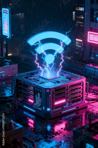 Futuristic Cyberpunk Cityscape with Glowing Wi-Fi Symbol Emanating Energy from a Server.