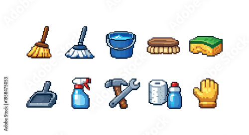 Pixel art collection of cleaning and maintenance tools for household chores