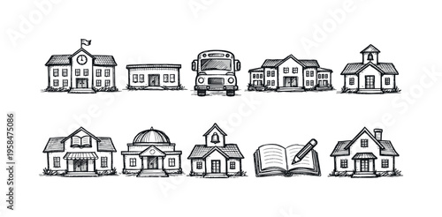 Collection of hand-drawn school buildings and educational elements in a simple sketch style