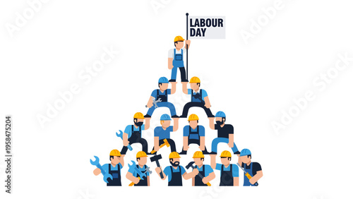 Celebrating Labor Day: A unified pyramid of construction workers demonstrates the strength and solidarity of the labor force, proudly hoisting a Labor Day banner.