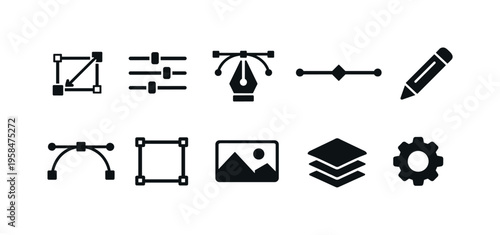 Collection of graphic design and editing tool icons on a white background