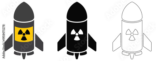 Nuclear missile rocket icon set vector, atomic bomb rocket symbols in color, black and outline styles, military threat and defense icons collection, modern vector illustration for security and technol