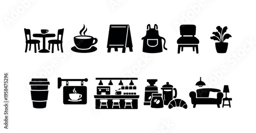 Collection of coffee shop icons representing cafe elements and seating arrangements
