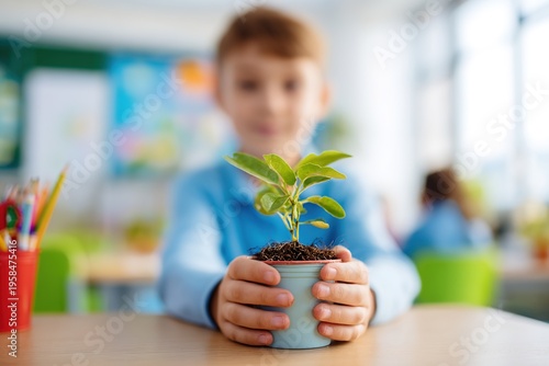 A boy in a blue shirt holds a pot with a green plant in his hands in a school classroom environmental education and love of nature