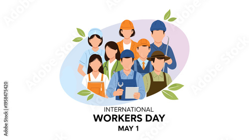 International Workers Day: Illustration depicting a diverse group of workers, celebrating labor and the contributions of the workforce.