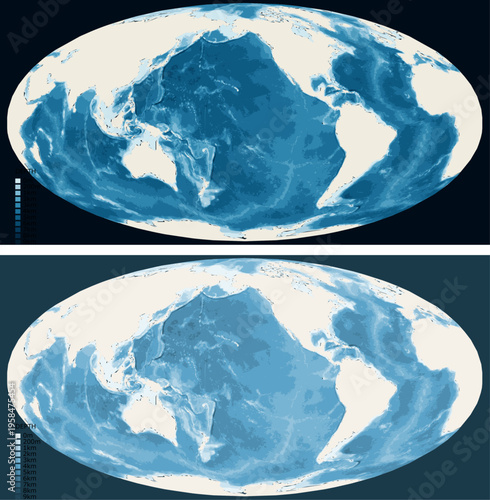 World Pacific Centered Bathymetric Ocean Depth Map - Mollweide Projection - Scalable Multi-Color Seafloor Relief Topography with Depth Legend Showing Continental Shelves Mid-Ocean Ridges and Abyssal