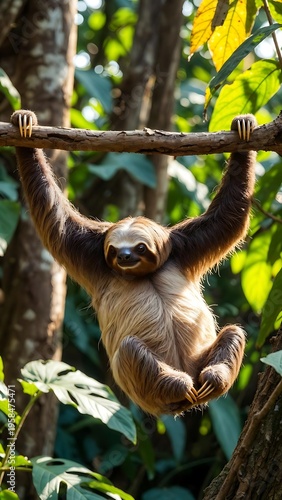 A smiling three-toed sloth hangs upside down from a thick tree branch in a vibrant, sunlit tropical rainforest canopy.