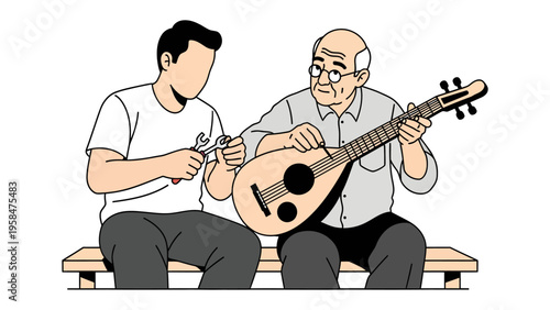 Musical Legacy: A tender moment unfolds as a younger individual learns the art of stringed instrument from an elder, sharing musical knowledge across generations.