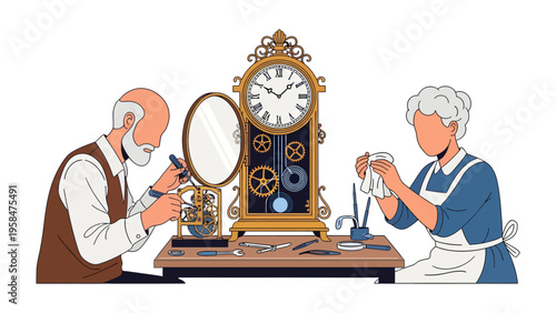 Time's Artisans: Two skilled artisans meticulously work on a grand clock, their expertise evident as they bring time to life.