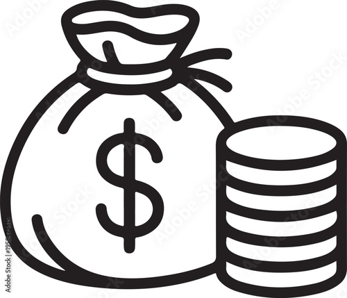 A simple black and white illustration depicts a money bag and a stack of coins