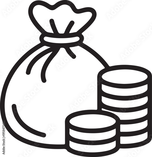 A simple line drawing depicts a money bag overflowing with coins symbolizing wealth high quality professional
