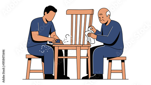 Shared Craftsmanship: A close-up view capturing the timeless bond of shared labor between father and son. Together, they meticulously restore a wooden chair.