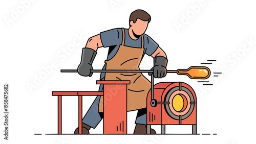 Glassblower at Work: An artisan meticulously shapes molten glass using specialized tools within a workshop, displaying skilled craftsmanship.