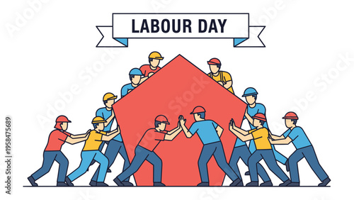 Labor Day Unity: A collaborative group of workers join forces to construct a symbol of progress, demonstrating the strength of unity and the significance of Labor Day.