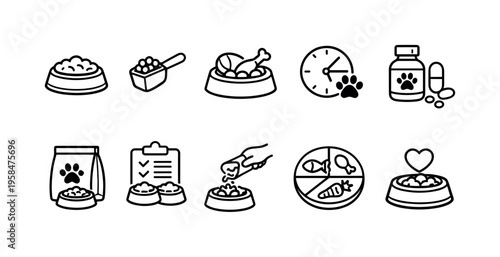 Collection of pet food and care icons representing feeding, nutrition, and health