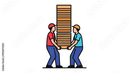 Teamwork and Burden: Two individuals join forces, carrying a substantial stack of wooden planks. The image conveys the essence of partnership and shared effort, set against a simple background.