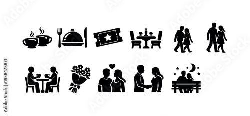 Collection of romantic date icons representing various couple activities and moments