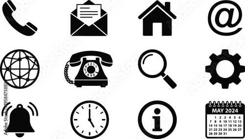 Communication contact line icons set, phone email web search settings notification symbols, modern solid vector collection for business apps and interface