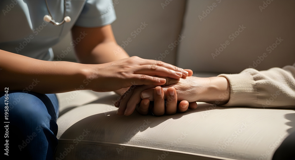 Obraz premium Compassionate Caregiver's Gentle Touch Hands Offering Comfort, Empathy, and Support to a Person in Need, Symbolizing Human Connection and Professional Assistance in a Healthcare Setting