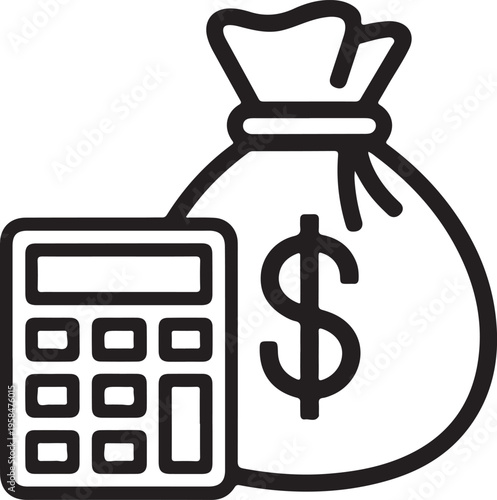 A black and white illustration depicts a calculator and a bag of money with a dollar sign