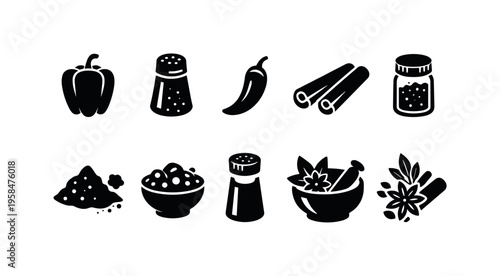 Collection of diverse spice and seasoning icons on a white background