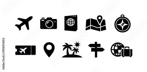 Collection of simple black travel icons for vacation planning and exploration
