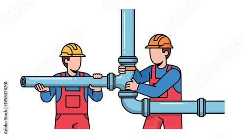 Plumbers in Action: Two skilled plumbers collaborate, meticulously joining pipes, illustrating expertise and precision in the construction process. 