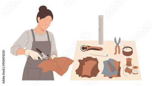 Crafting Excellence: An artisan meticulously cuts leather, surrounded by essential tools, demonstrating skill and precision in the creation process.