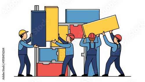 Construction Collaboration: A team of construction workers is diligently assembling a structure, symbolizing unity, precision, and the collaborative spirit of the construction industry.