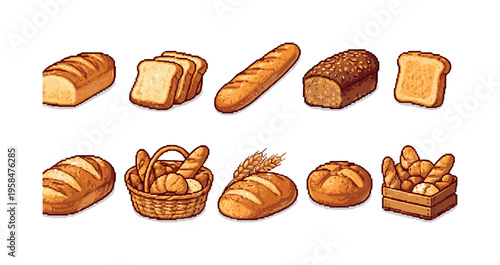 Collection of pixel art bread varieties including loaves, baguettes, and sliced toast