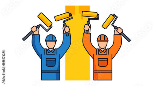 Painting Professionals: Illustration of painters with paint rollers in a vibrant scene, capturing the essence of the painting craft and teamwork.