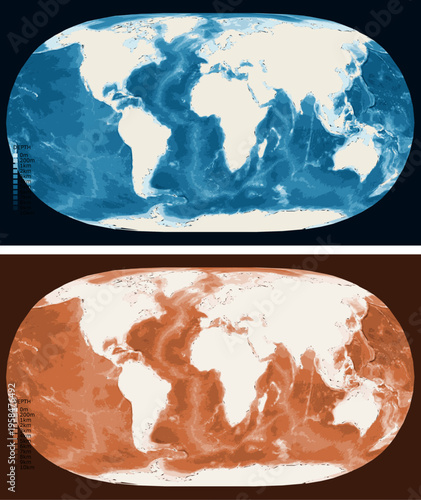 World Standard Bathymetric Ocean Depth Map - Natural Earth II Projection - Scalable Multi-Color Seafloor Relief Topography with Depth Legend Showing Continental Shelves Mid-Ocean Ridges and Abyssal
