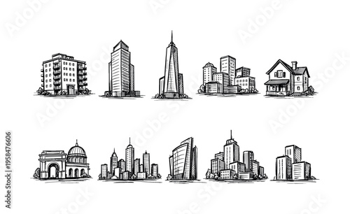 Collection of hand-drawn architectural sketches featuring diverse urban and suburban buildings