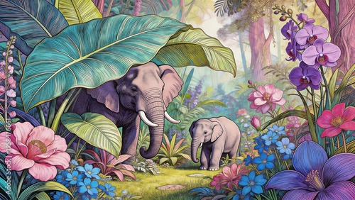 Elephants in a vibrant jungle