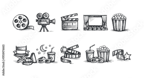 Hand-drawn cinema icons collection featuring film reel, camera, clapperboard, and popcorn